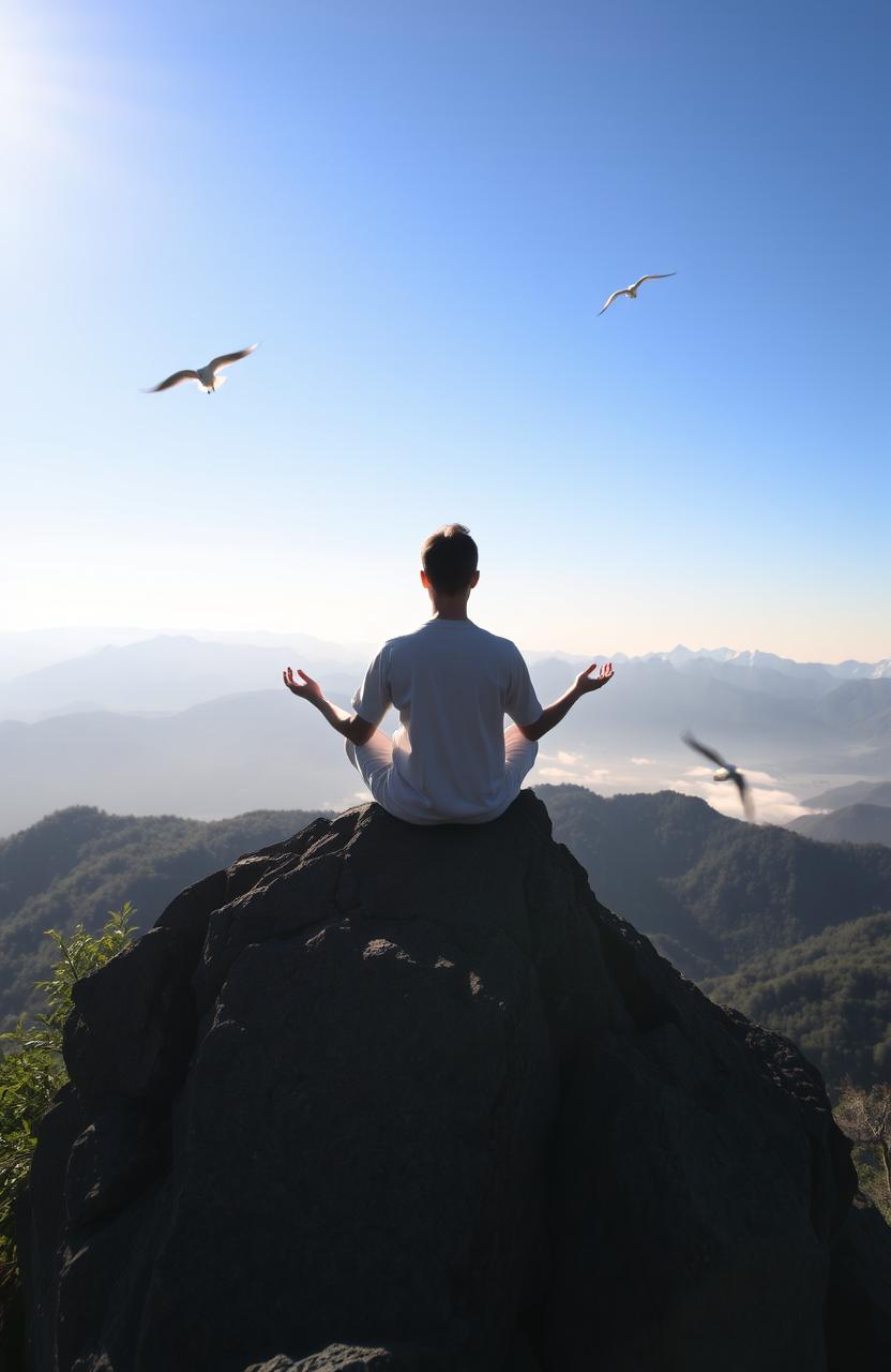 A serene and inspiring scene of a person meditating on a mountain peak at sunrise, surrounded by lush greenery and a clear blue sky