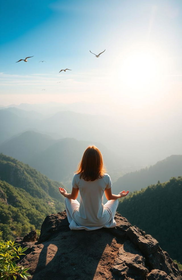 A serene and inspiring scene of a person meditating on a mountain peak at sunrise, surrounded by lush greenery and a clear blue sky