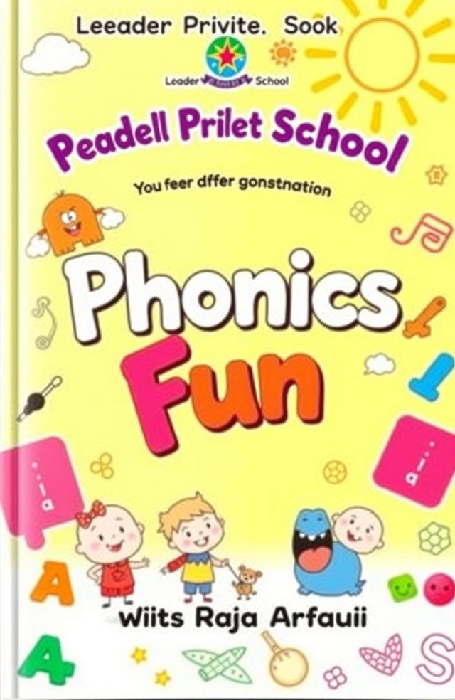 A vibrant and engaging cover for a phonics book titled "Phonics Fun with Miss Raja Arfaoui"