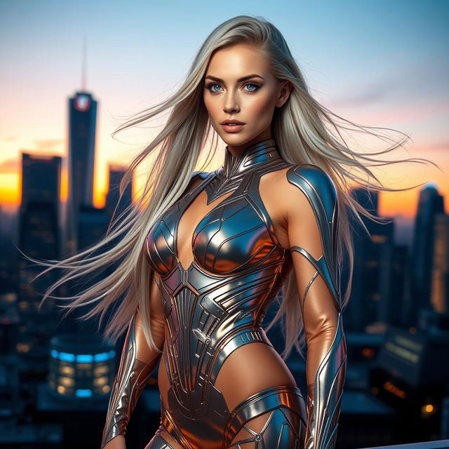 A futuristic female model standing confidently against a sleek city skyline at sunset