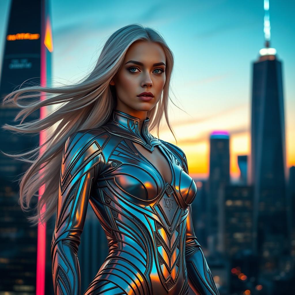 A futuristic female model standing confidently against a sleek city skyline at sunset