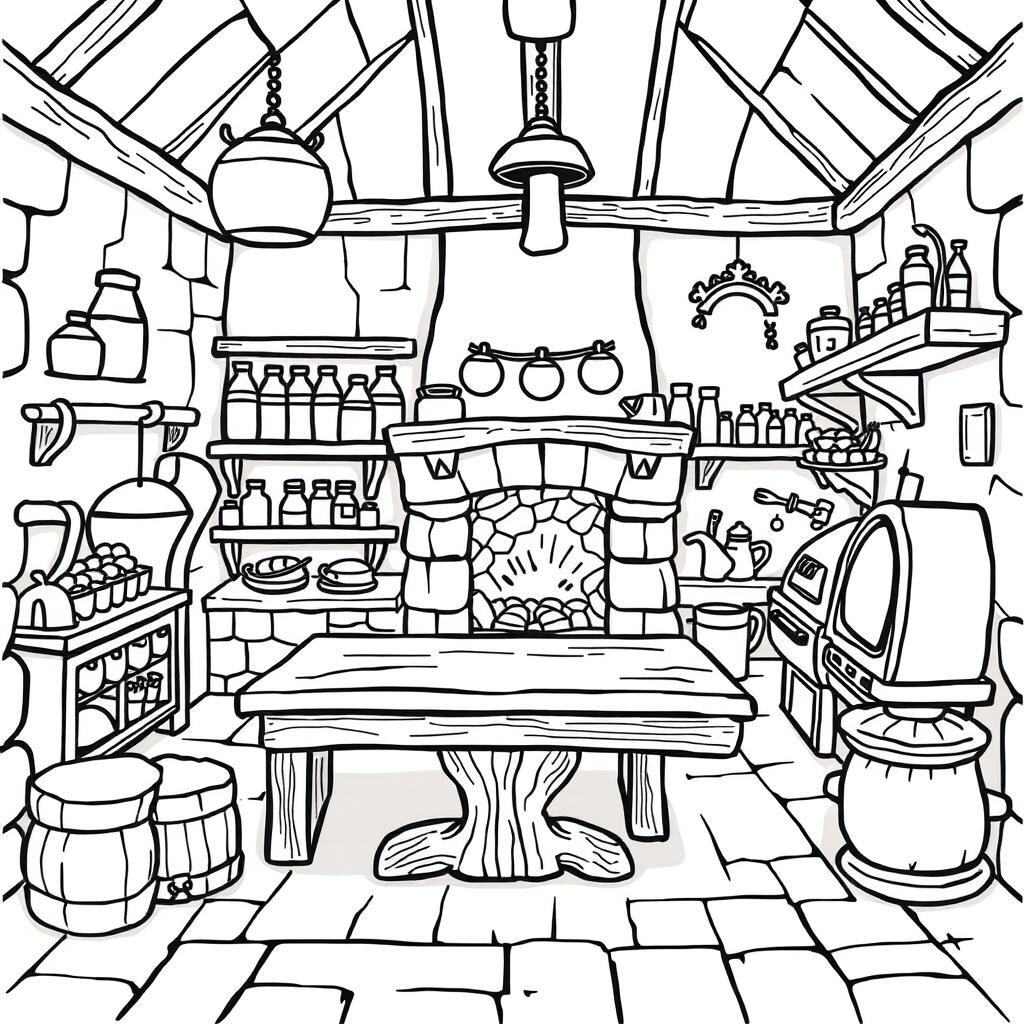 A cute-style illustration of a medieval kitchen inside a castle, designed for a children's coloring book