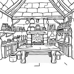 A cute-style illustration of a medieval kitchen inside a castle, designed for a children's coloring book
