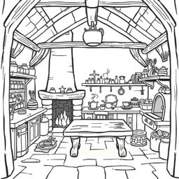 A cute-style illustration of a medieval kitchen inside a castle, designed for a children's coloring book