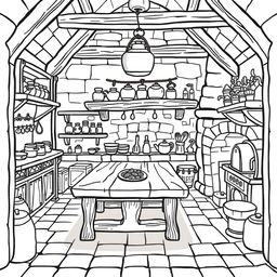 A cute-style illustration of a medieval kitchen inside a castle, designed for a children's coloring book