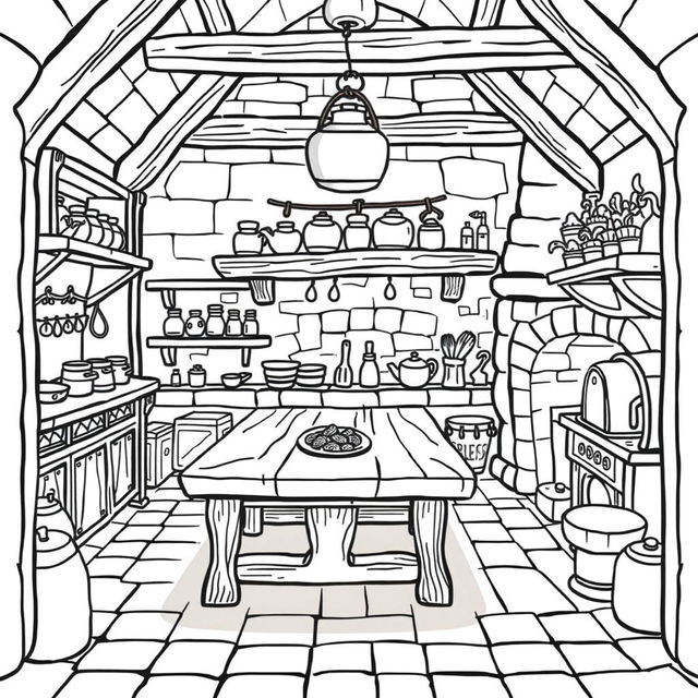 A cute-style illustration of a medieval kitchen inside a castle, designed for a children's coloring book