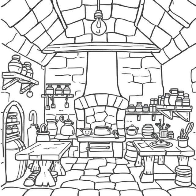 A cute-style illustration of a medieval kitchen inside a castle, designed for a children's coloring book