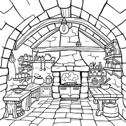 A cute-style illustration of a medieval kitchen inside a castle, designed for a children's coloring book