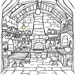 A cute-style illustration of a medieval kitchen inside a castle, designed for a children's coloring book