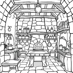 A cute-style illustration of a medieval kitchen inside a castle, designed for a children's coloring book