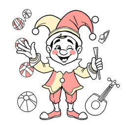 A joyful illustration of a medieval jester, designed for a children's coloring book