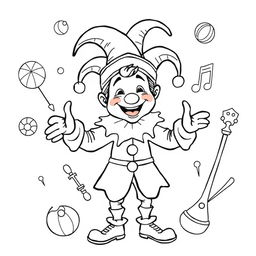 A joyful illustration of a medieval jester, designed for a children's coloring book