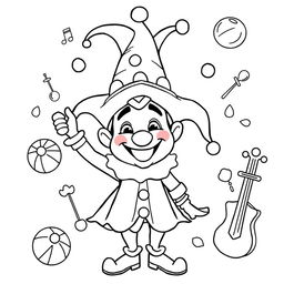 A joyful illustration of a medieval jester, designed for a children's coloring book