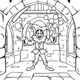 A playful illustration of a medieval jester inside a castle, designed for a children's coloring book
