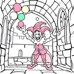 A playful illustration of a medieval jester inside a castle, designed for a children's coloring book