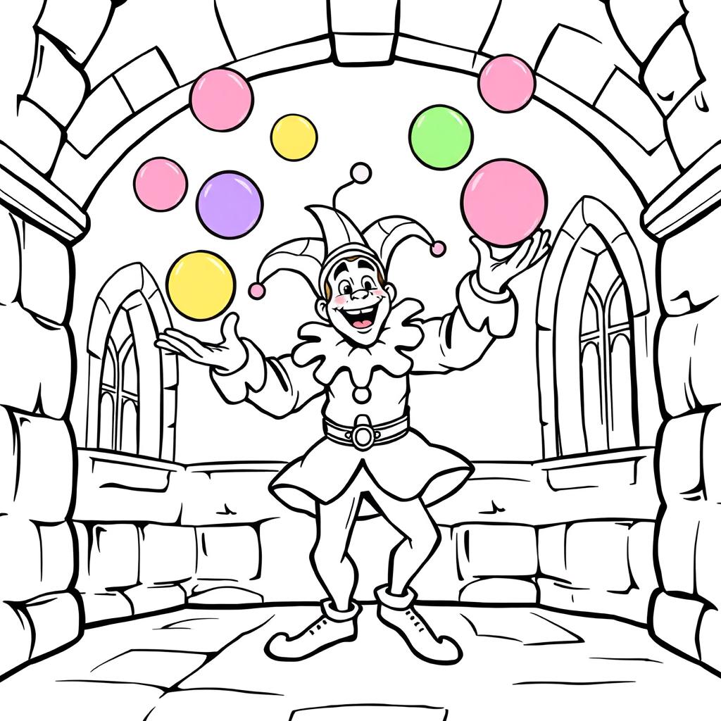 A playful illustration of a medieval jester inside a castle, designed for a children's coloring book