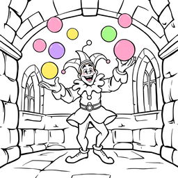 A playful illustration of a medieval jester inside a castle, designed for a children's coloring book