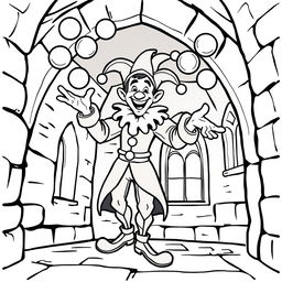 A playful illustration of a medieval jester inside a castle, designed for a children's coloring book