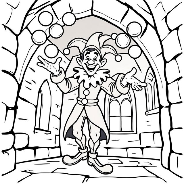 A playful illustration of a medieval jester inside a castle, designed for a children's coloring book