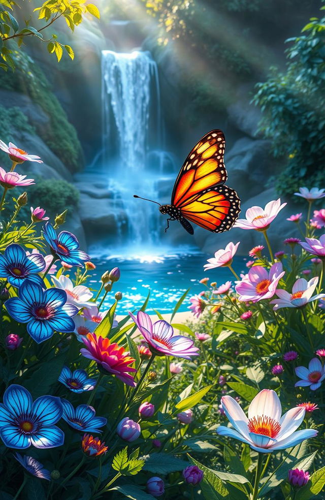 A serene and enchanting scene depicting a butterfly embarking on a voyage to a mystical garden