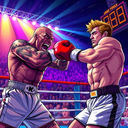 An expressive and dynamic illustration of an epic boxing match between Mike Tyson and Jake Paul