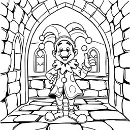 A lively illustration of a medieval jester inside a castle, crafted for a children's coloring book