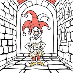 A lively illustration of a medieval jester inside a castle, crafted for a children's coloring book