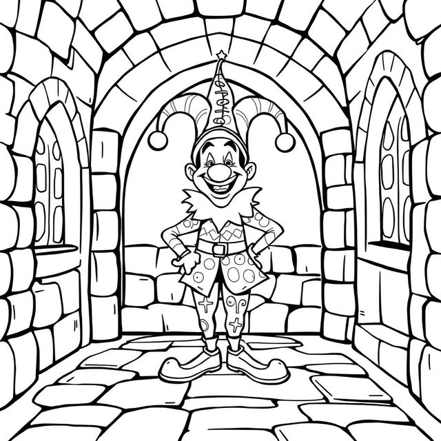 A lively illustration of a medieval jester inside a castle, crafted for a children's coloring book