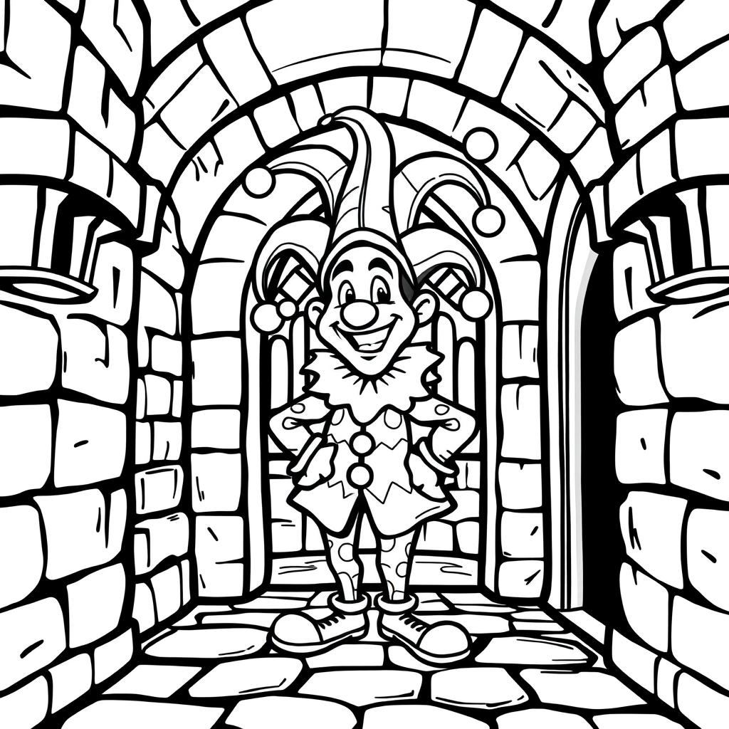 A lively illustration of a medieval jester inside a castle, crafted for a children's coloring book