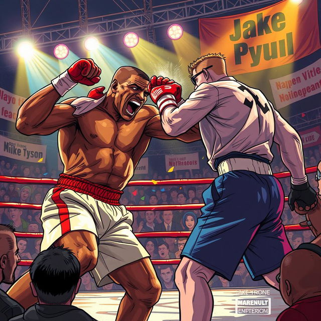 An expressive and dramatic illustration depicting the intense real-life battle between Mike Tyson and Jake Paul