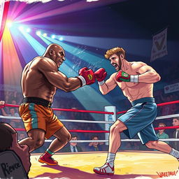 An expressive and dramatic illustration depicting the intense real-life battle between Mike Tyson and Jake Paul