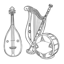 A delightful illustration of various musical instruments used in medieval times, specifically designed for a children's coloring book