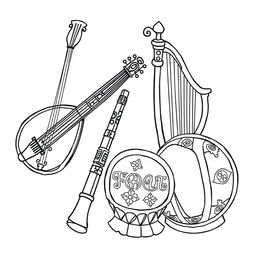 A delightful illustration of various musical instruments used in medieval times, specifically designed for a children's coloring book