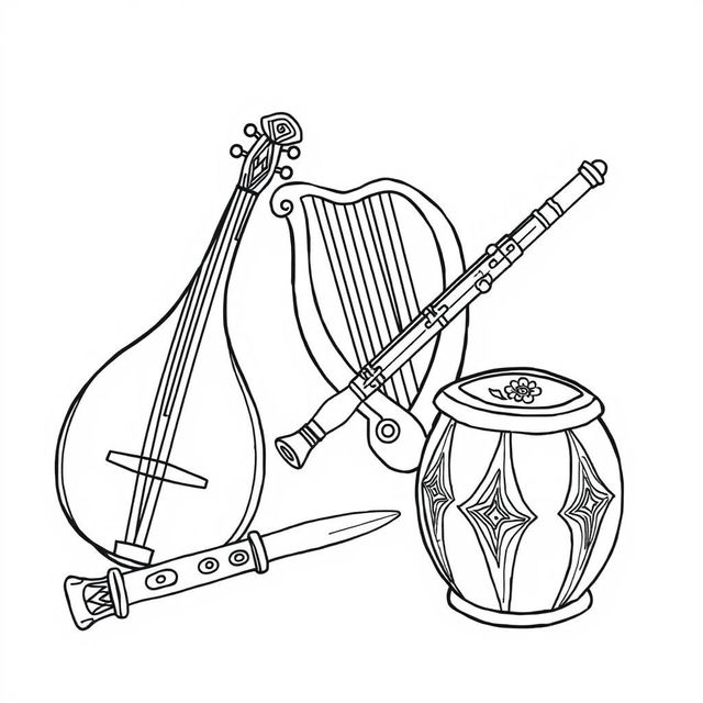 A delightful illustration of various musical instruments used in medieval times, specifically designed for a children's coloring book