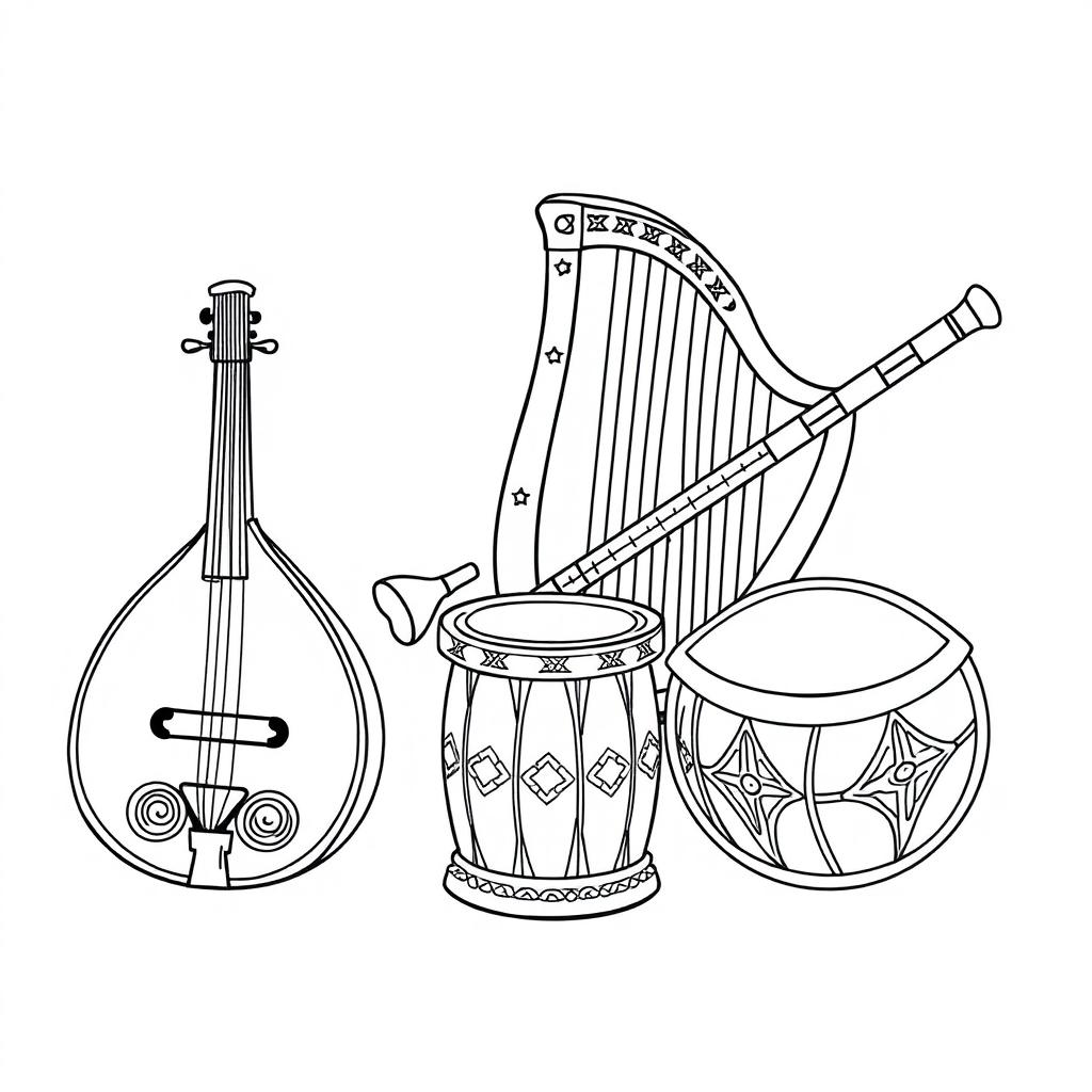 A delightful illustration of various musical instruments used in medieval times, specifically designed for a children's coloring book