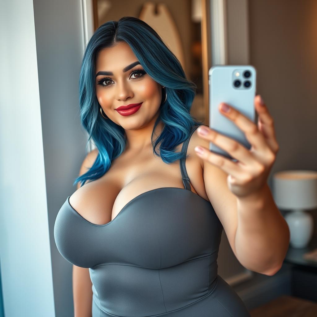 A confident, full-figured curvy Caucasian woman with big breasts and striking blue hair, capturing a selfie