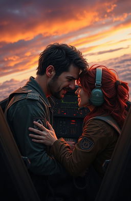 An evocative scene depicting two pilots, initially enemies, now turned lovers, sharing an intimate moment in a cockpit of a fighter jet