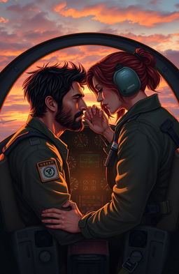 An evocative scene depicting two pilots, initially enemies, now turned lovers, sharing an intimate moment in a cockpit of a fighter jet