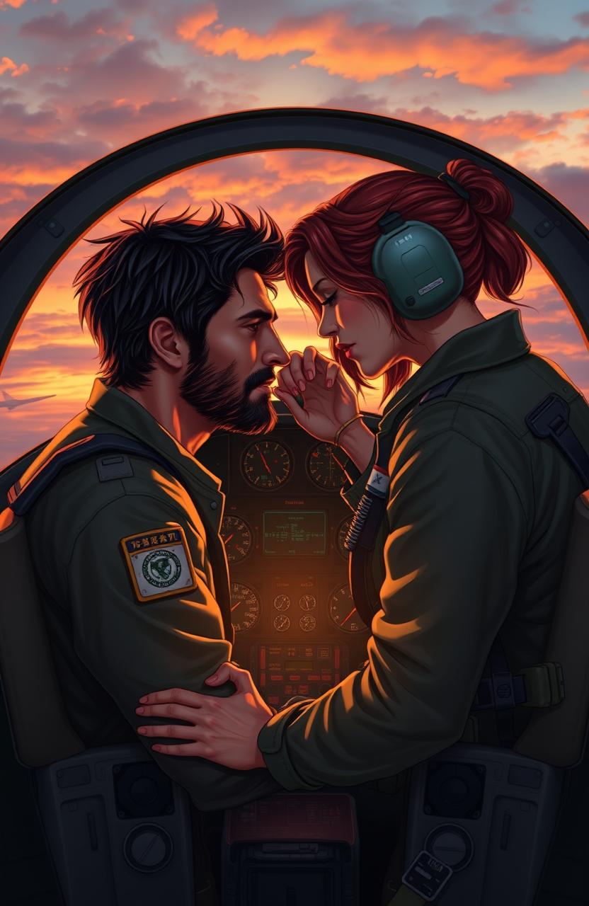 An evocative scene depicting two pilots, initially enemies, now turned lovers, sharing an intimate moment in a cockpit of a fighter jet