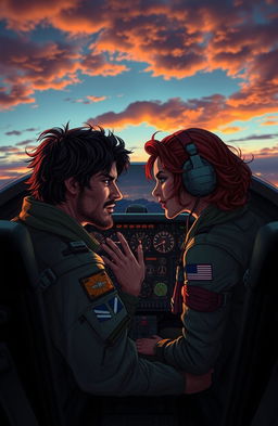 An evocative scene depicting two pilots, initially enemies, now turned lovers, sharing an intimate moment in a cockpit of a fighter jet