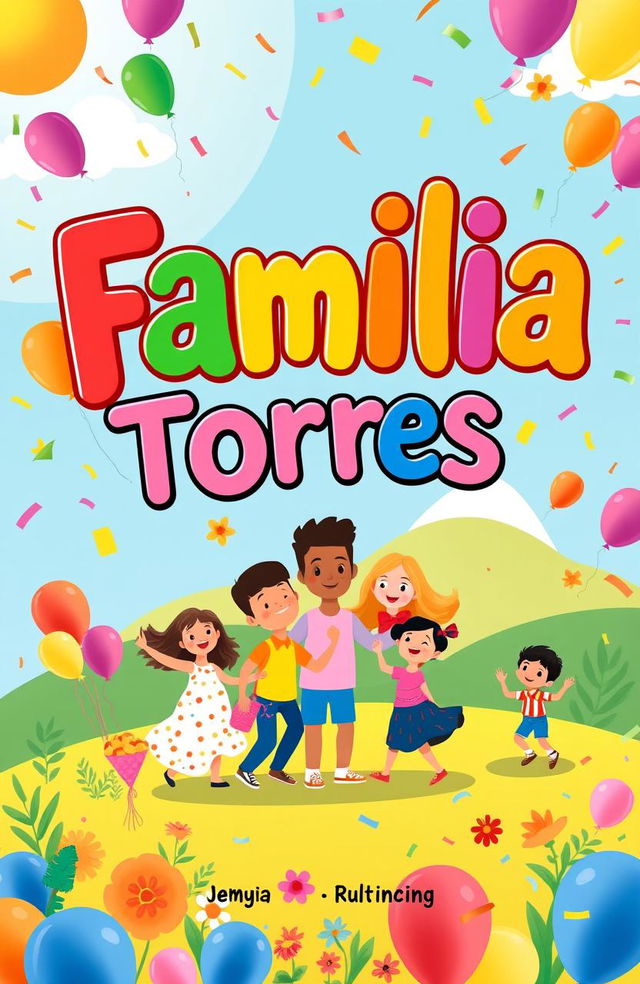 A vibrant and cheerful book cover design featuring the words 'Familia Torres' in bold, playful typography