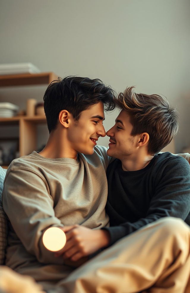 A young adult male portraying a romantic moment with his stepbrother, capturing an intimate and emotional connection between them