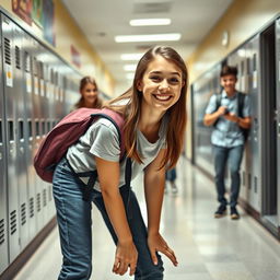 A humorous scene showing a high school girl playfully bending over to moon her classmates in a school hallway