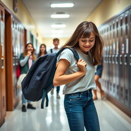 A humorous scene showing a high school girl playfully bending over to moon her classmates in a school hallway