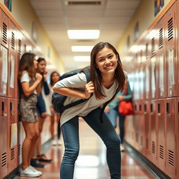 A humorous scene showing a high school girl playfully bending over to moon her classmates in a school hallway