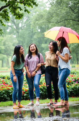 Four friends enjoying each other's company under a light drizzle, laughing and sharing joyful moments