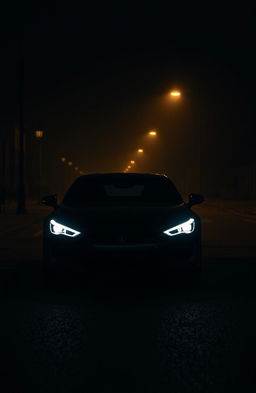 The headlights of a sleek, modern car illuminating a dark, deserted street at night, creating a sharp contrast with the surrounding shadows