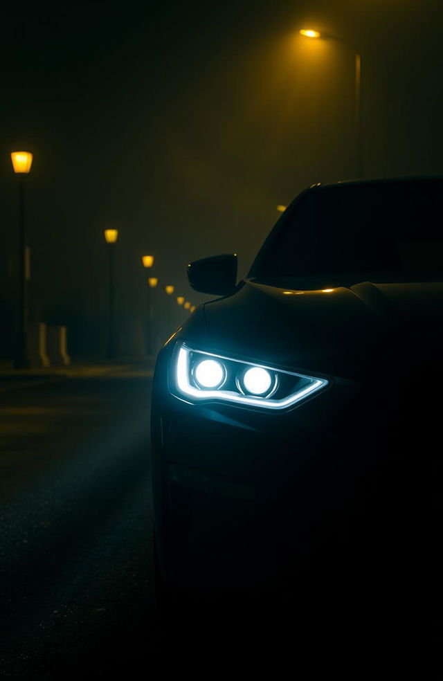 The headlights of a sleek, modern car illuminating a dark, deserted street at night, creating a sharp contrast with the surrounding shadows