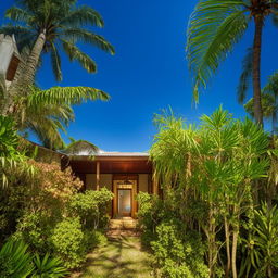 Immaculate tropical bungalow, nestled among lush vegetation under a beautiful blue sky