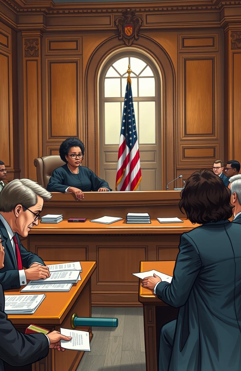 An intricate courtroom scene depicting a judge presiding over a case involving a money loan dispute